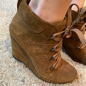 Via Spiga Suede Lace Up Wedge Booties in Chestnut